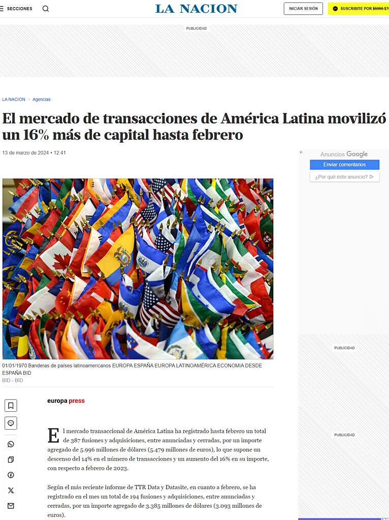 El mercado de transacciones de Amrica Latina moviliz un 16% ms de capital hasta febrero